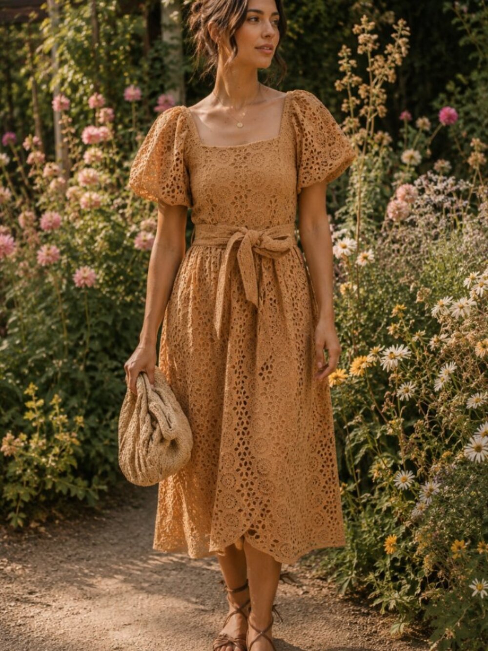 Cleobella Seraphina Midi Dress Eyelet Tan Yellow M Boho Chic Western Romantic